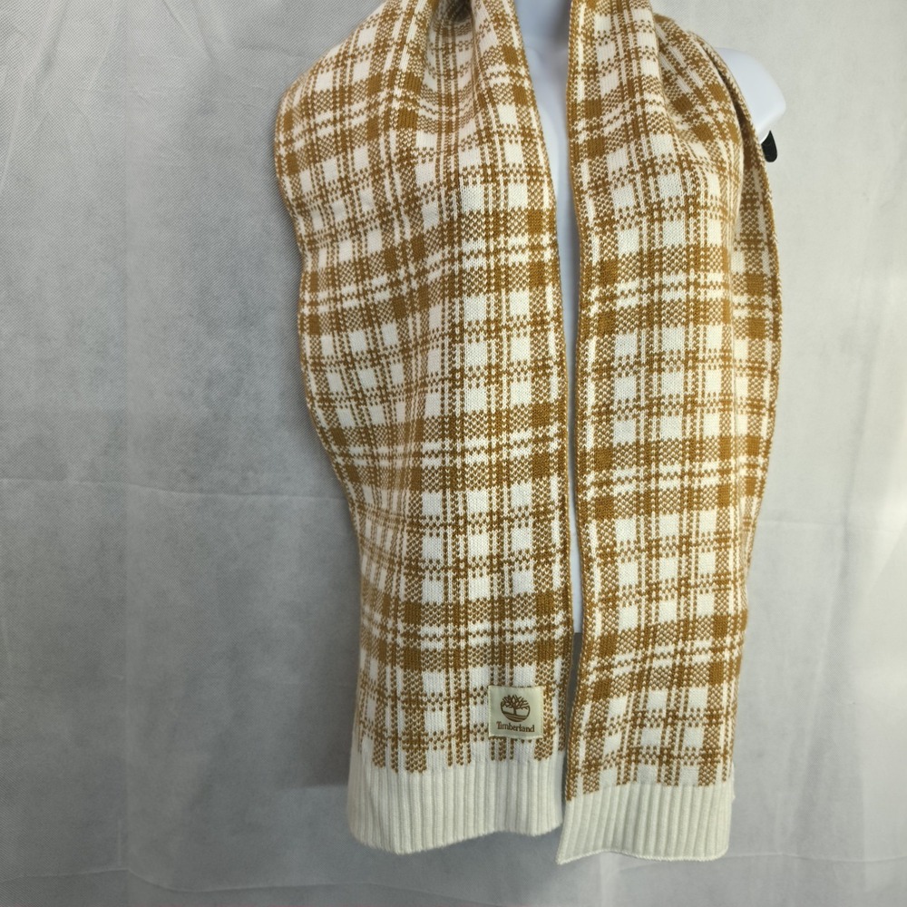 Timberland Scarf Plaid Acrylic Knit Brown White Winter Warm Soft NWOT Approx 64"